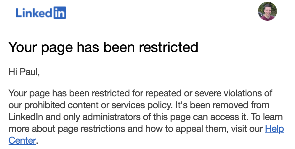 An email from LinkedIn indicating TokyoDev's page had been restricted.