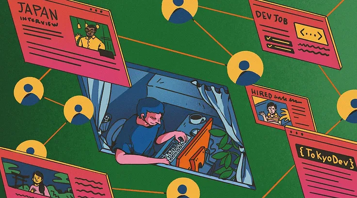 Paul working on a computer connected by a network of people