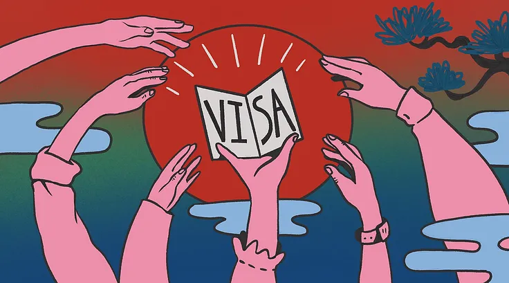 Hands holding a visa with a rising sun in the background