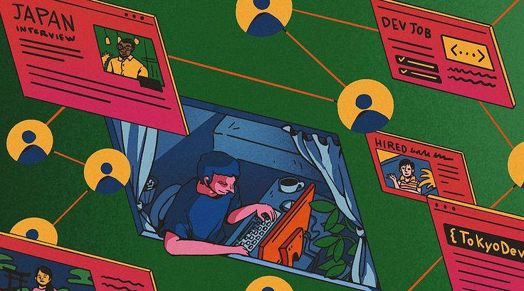 Paul working on a computer connected by a network of people