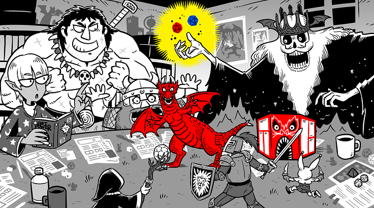 A skeletal DM holds a glistening pair of d20s for an eclectic party