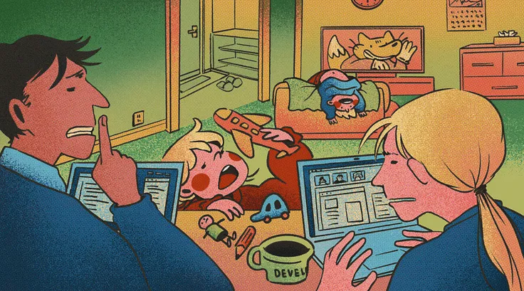 Exacerbated parents try to work as children play