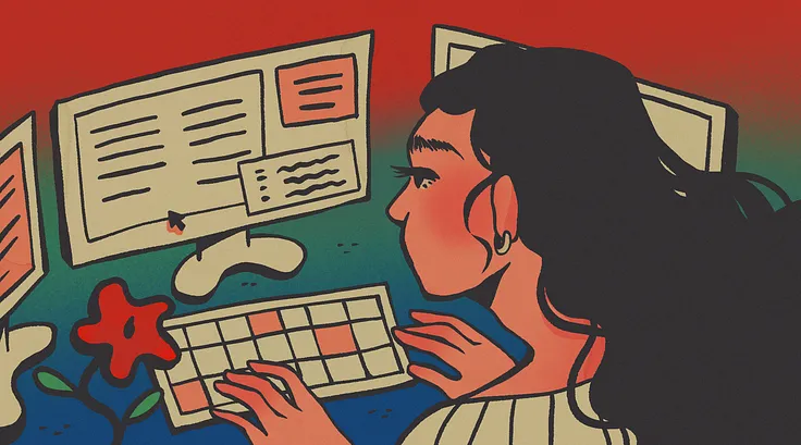 A woman typing on a keyboard and glancing at one of three screens.