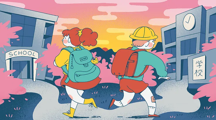 Two children running towards two different schools: an international and Japanese one