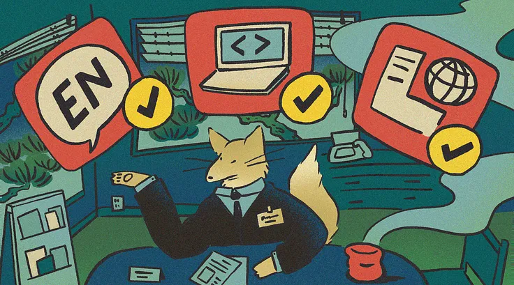 A fox in a suit with icons over their head