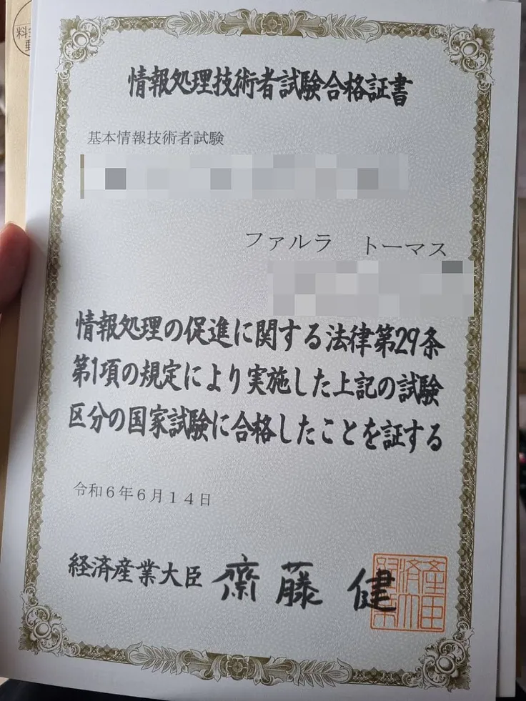The certificate I received after passing the exam