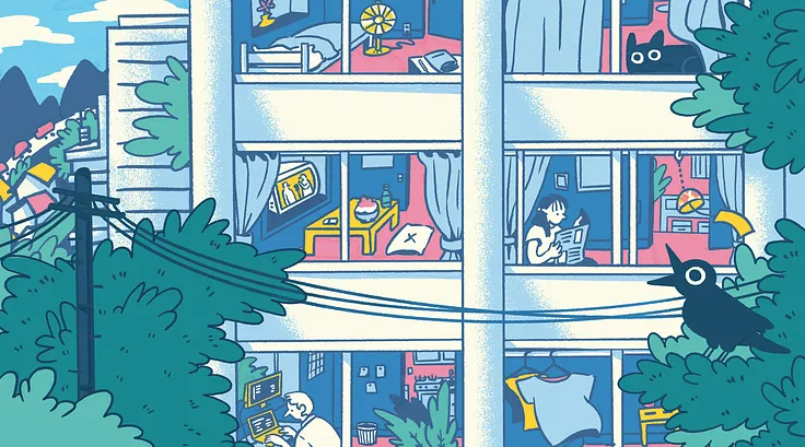 An apartment building where you can see into six units. A woman is reading a newspaper in one. In another, a man is working on a computer. A raven is in the foreground cawing.