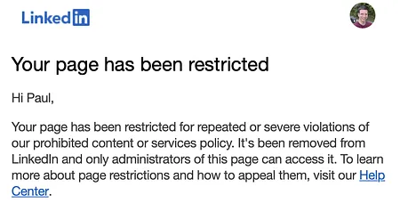 An email from LinkedIn indicating TokyoDev's page had been restricted.