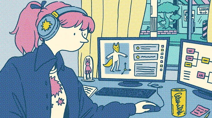 A Woman using a mouse while looking at one of two monitors.