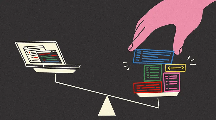 A scale with a laptop on one side, a hand placing blocks of code on the other.