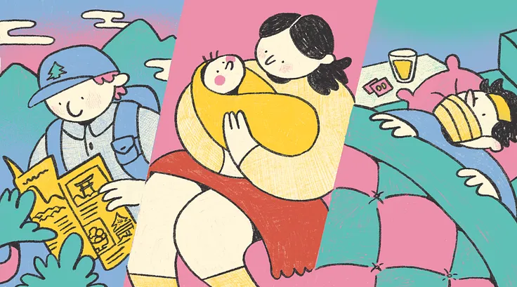 A three panel image. The first has a man with a backpack looking at a hat. The second has a mother with a baby. The third has a masked man lying in bed.