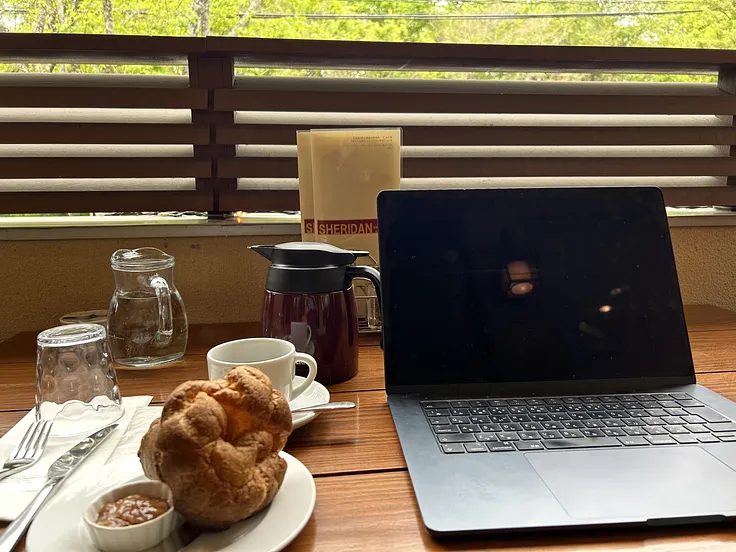 Coffee and a popover \- my entrance fee to this “coworking space”.