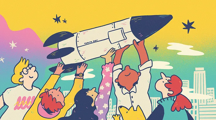 People holding a rocket ship over their head.