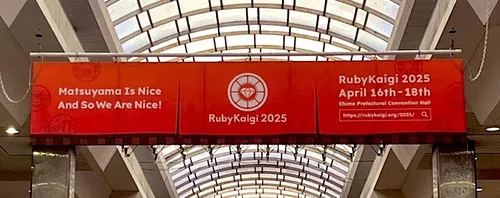 RubyKaigi banner on display at Okaido Shipping Street