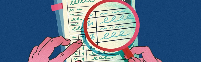 A pair of hands over a resume, one of them holding a magnifying glass.