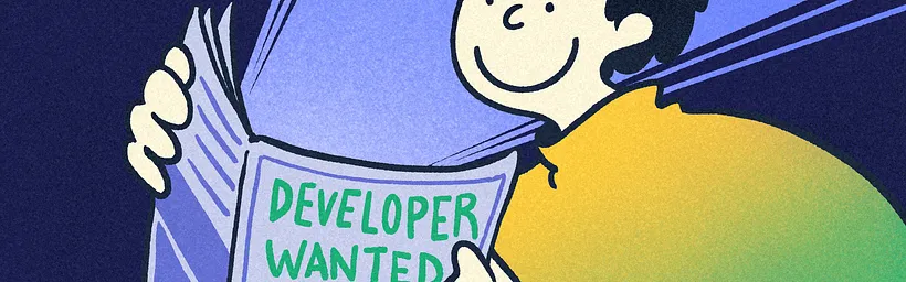 A person smiling while viewing a pamphlet with "Developer Wanted" on the cover.