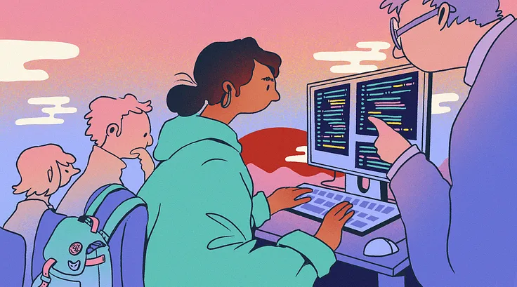 Three students in thought. One student has a backpack on her chair and is working at a computer while being instructed by a professor.