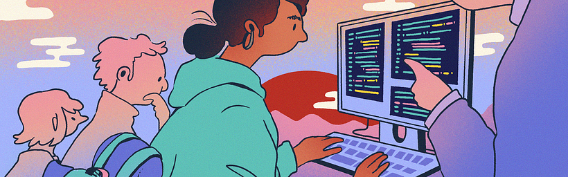 Three students in thought. One student has a backpack on her chair and is working at a computer while being instructed by a professor.