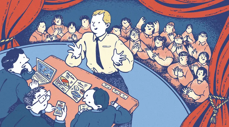 Illustration of a person performing on stage while three judges watch from a table in the foreground. Behind the performer, a diverse audience applauds from theater seating framed by red curtains. The performer gestures animatedly, suggesting an improv or public speaking performance, while the judges take notes and review materials.