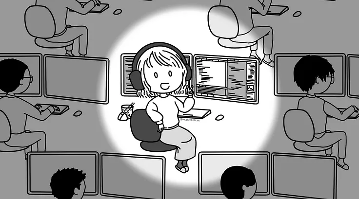 drawing of a female software developer working at a desk